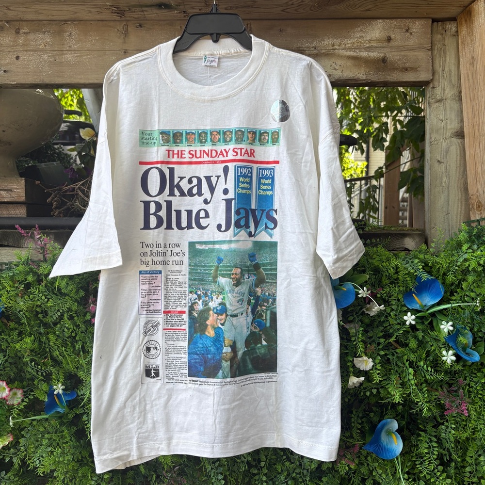 Vintage White Okay! Blue Jays Graphic T-Shirt from the 1992/1993 World Series